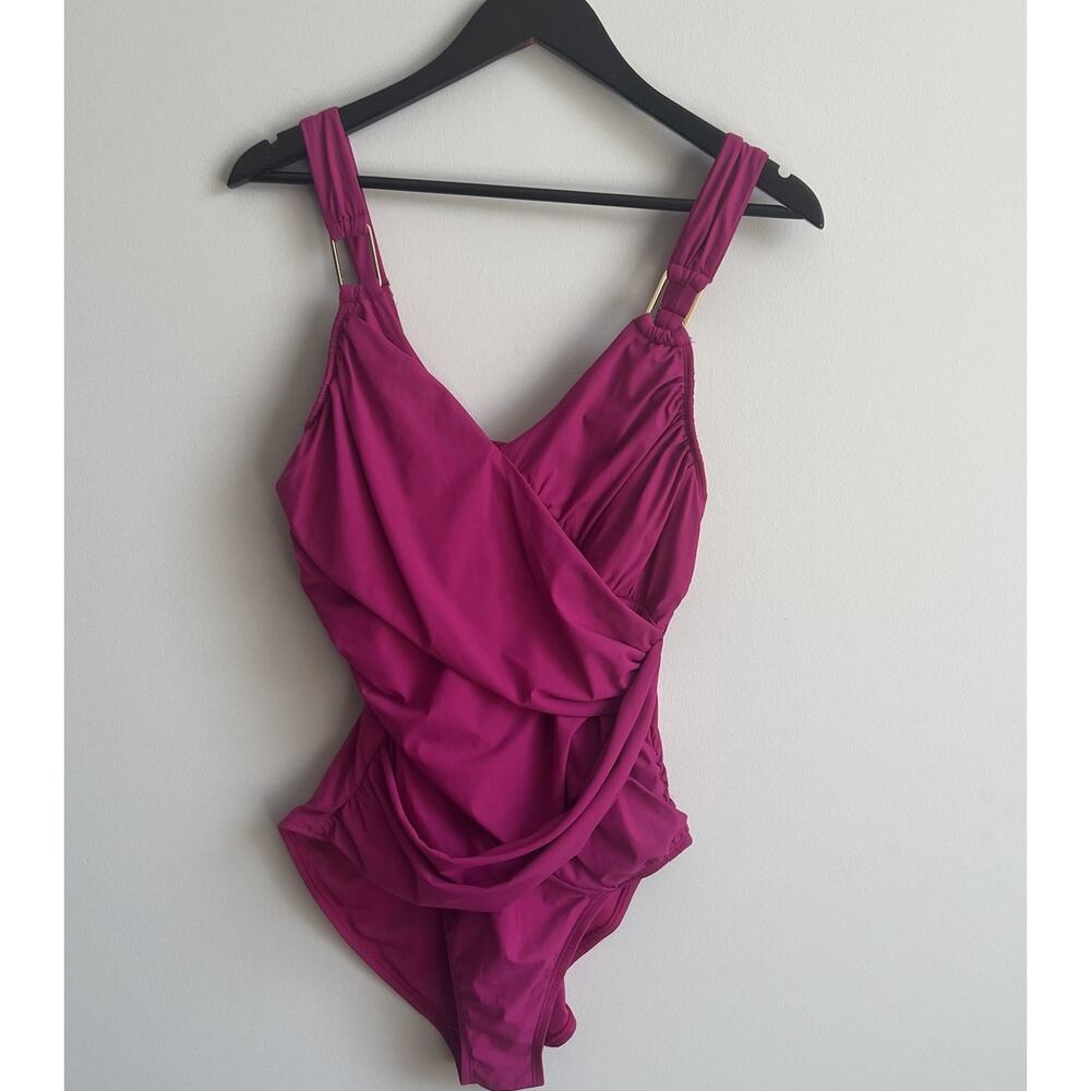 Spanx One Piece Swimsuit Womens 14 Pink Tummy Control Ruching Comfort Stretch